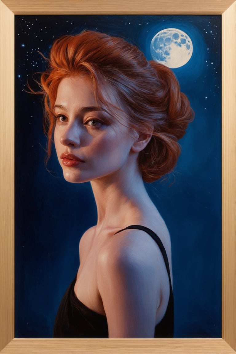 A woman with fiery red locks stands firm beneath a starry canvas, bathed in soft moonlight that whispers secrets to her alabaster complexion. Her undone updo is gently tousled by night air, while a subtle smile plays on her lips, radiating an enigmatic allure. Framed against a dark blue backdrop, the scene simmers with anticipation, as if celestial bodies themselves are entranced by her mystique.,poakl girl