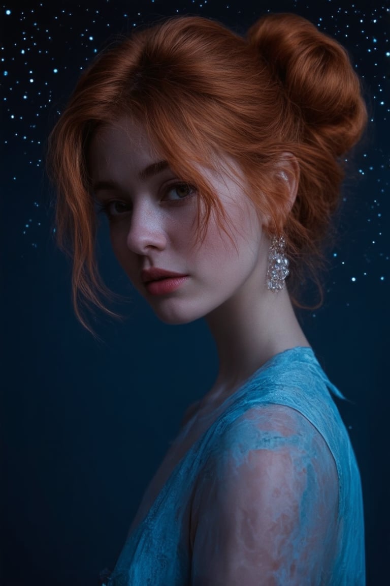 A woman with fiery red locks stands firm beneath a starry canvas, bathed in soft moonlight that whispers secrets to her alabaster complexion. Her undone updo is gently tousled by night air, while a subtle smile plays on her lips, radiating an enigmatic allure. Framed against a dark blue backdrop, the scene simmers with anticipation, as if celestial bodies themselves are entranced by her mystique.,poakl girl