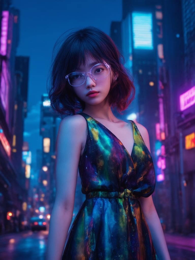 In a neon-drenched cyberpunk cityscape, a captivating girl with clear glasses stands out against the gritty backdrop. Her intricate details, including golden ratio-inspired patterns on her dress, shimmer in 32K UHD resolution. Set against a deep blue sky, her face radiates warmth and charm, with detailed eyes and sharp focus. A rim light casts a subtle glow, while light leaks and subsurface scattering add depth to the scene. Vibrant complementary colors pop against the dark cityscape, as she poses confidently, exuding an air of upliftment and whimsy.