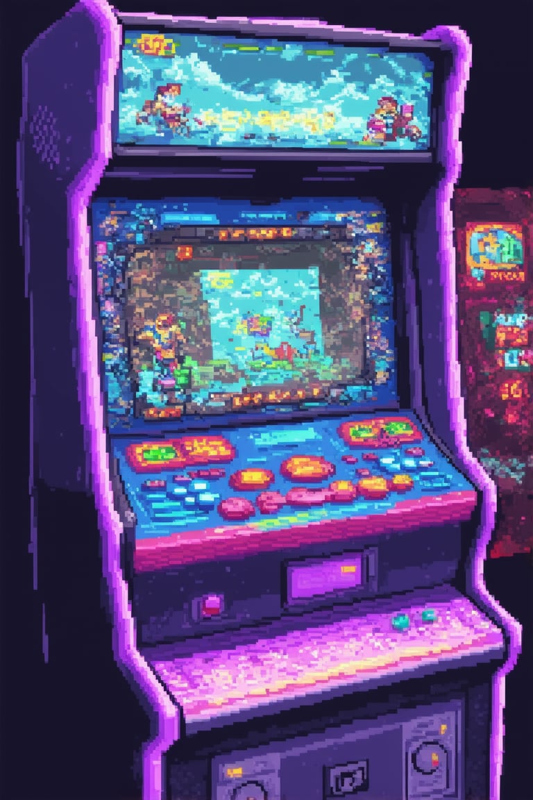 A close-up shot of a retro-style arcade machine, lit by the soft glow of neon lights and the hum of electronic sounds. The pixel art graphics on the screen appear to be in mid-game, with colorful characters and obstacles filling the frame. The camera zooms in further, showcasing intricate details of the artwork and highlighting the nostalgia-tinged allure of classic gaming.