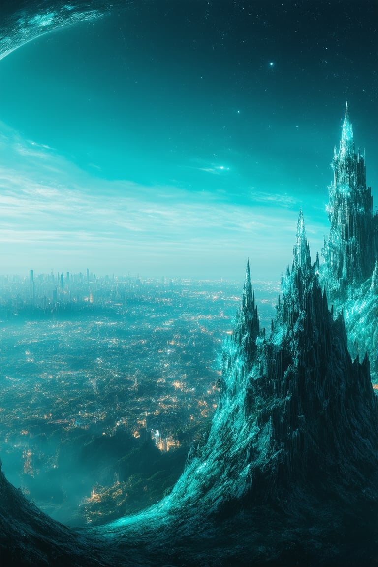 A breathtaking vista on a distant cyan planet: A majestic blue-green world stretches out before us, with wispy clouds of iridescent turquoise drifting lazily across the sky. The landscape is dotted with towering crystal formations that refract light into shimmering hues of indigo and aquamarine. In the distance, a sprawling cityscape gleams with a soft, luminescent glow, its towers and spires reaching for the cyan horizon like nature's own architectural marvels.