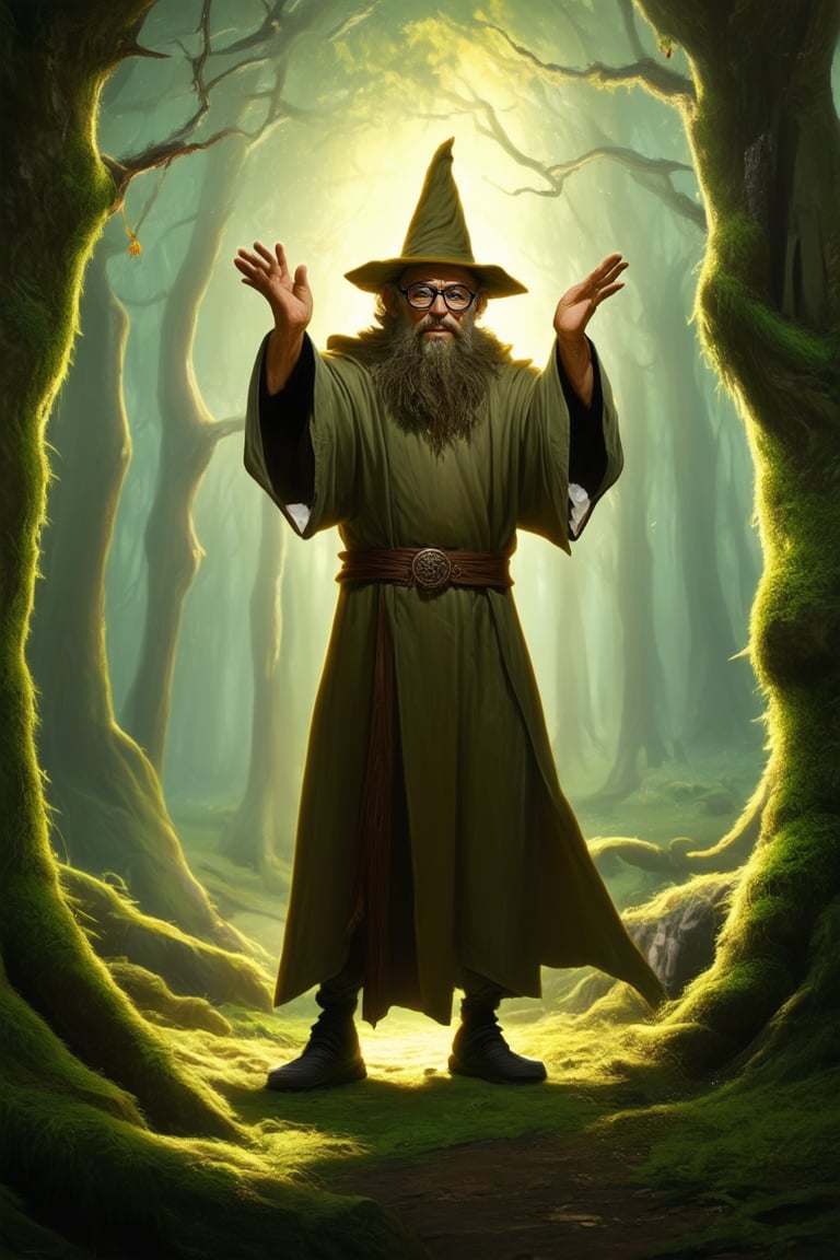 A mystical forest glows with an ethereal light, as a bespectacled wizard, dressed in earthy tones, stands amidst ancient trees, his hands weaving intricate patterns in the air. Moss-covered stones and vines wrap around his ankles, blending with the foliage. Dappled shadows dance across his face, illuminated by soft, golden illumination.