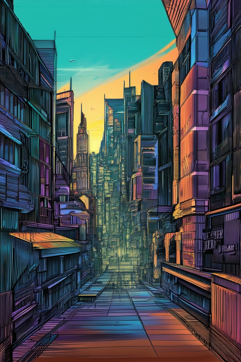 A whimsical line art illustration of a fantastical cityscape at dusk, with vibrant colors and intricate details. The scene is framed by a low-lying sun, casting long shadows across the buildings. A delicate balance of light and dark, with subtle texture added to give depth and dimensionality.