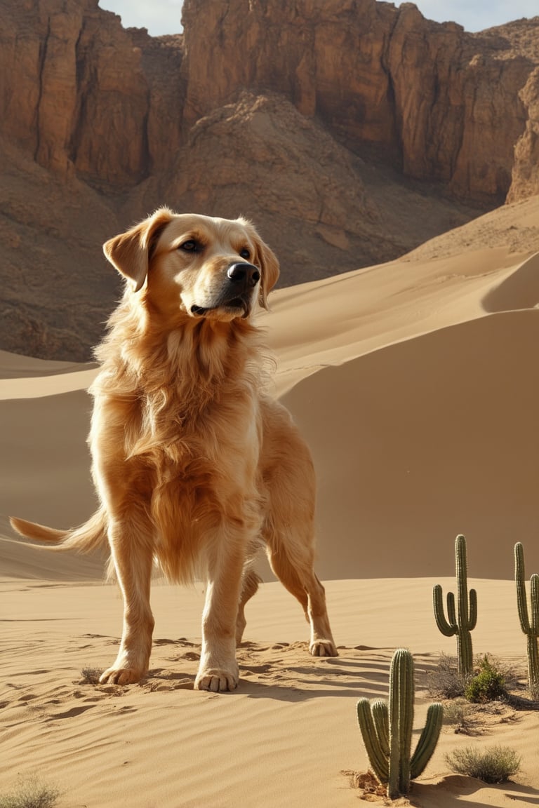 A majestic golden retriever stands tall in the desert landscape, its fur glistening like the sun-kissed sand dunes. The dog's pose is regal, with paws shoulder-width apart and ears perked up towards the horizon. A warm glow of sunlight illuminates the scene, casting a gentle shadow on the sandy ground. The distant rocky formations and cacti create a striking backdrop, as if nature itself has framed this iconic moment.