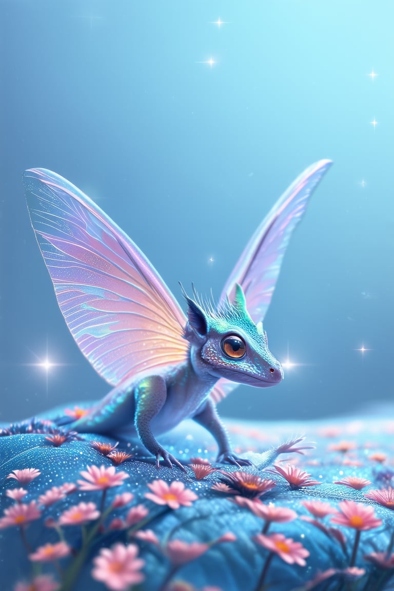 A whimsical, dreamlike illustration featuring a fantastical creature with iridescent scales and delicate wings, poised delicately on a bed of shimmering flowers against a soft, gradient blue background. The subject's eyes sparkle like tiny stars, and its gentle pose conveys a sense of ethereal wonder.