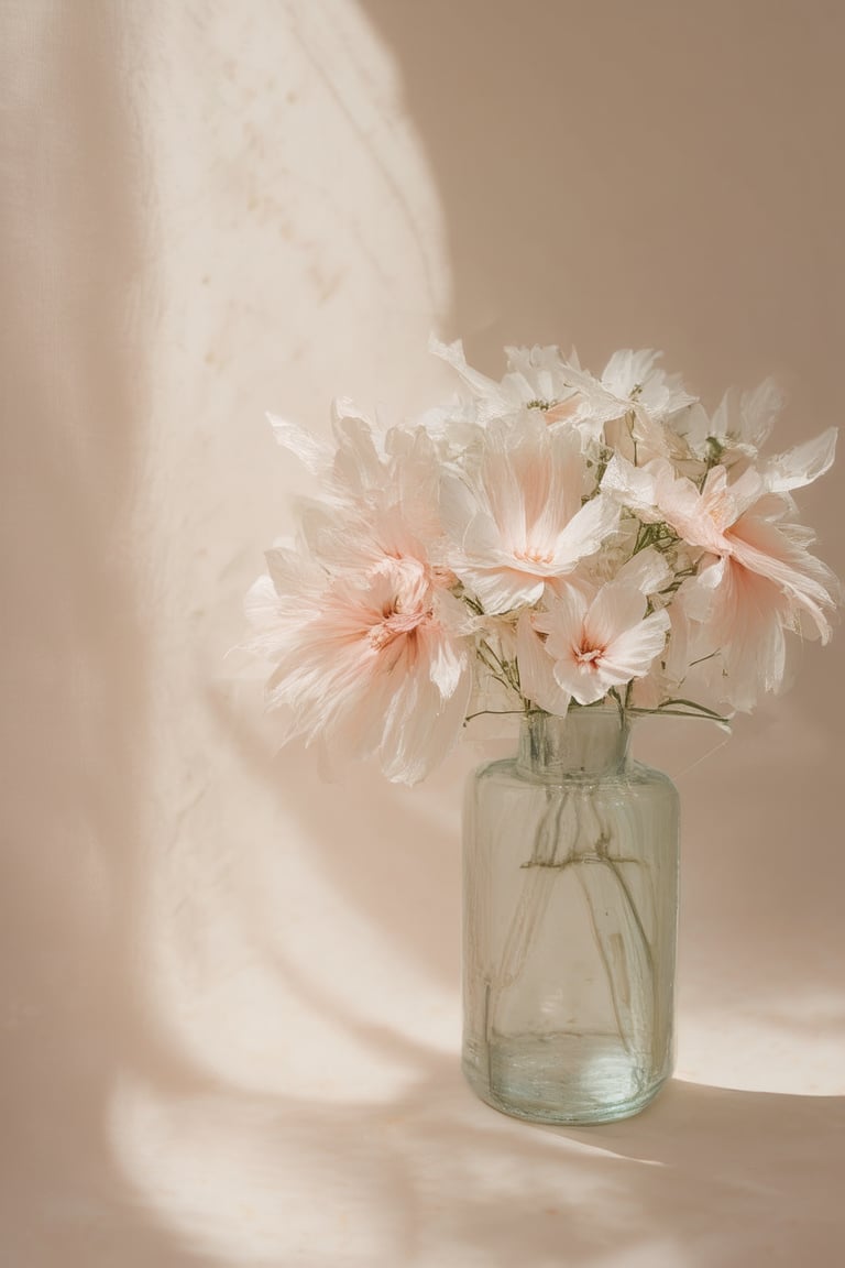 A serene still-life setup features a delicate, multi-petaled flower arrangement against a soft, warm flower background. The petals gently unfurl, showcasing varying shades of pastel hues. Natural light casts a gentle glow, with subtle shadows accentuating the flower's texture and dimension.