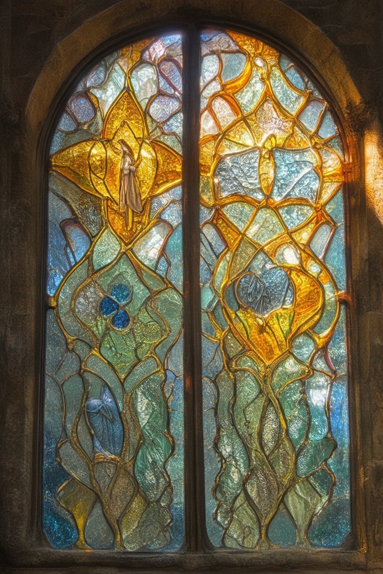 Vibrant hues dance across intricately crafted panes of glass as sunlight filters through a majestic stained glass window, casting kaleidoscopic patterns on ancient stone walls. Delicate fingers of light converge to form ethereal halos, illuminating the serene faces of saints and mystics, their gentle gazes seeming to whisper secrets to the beholder.