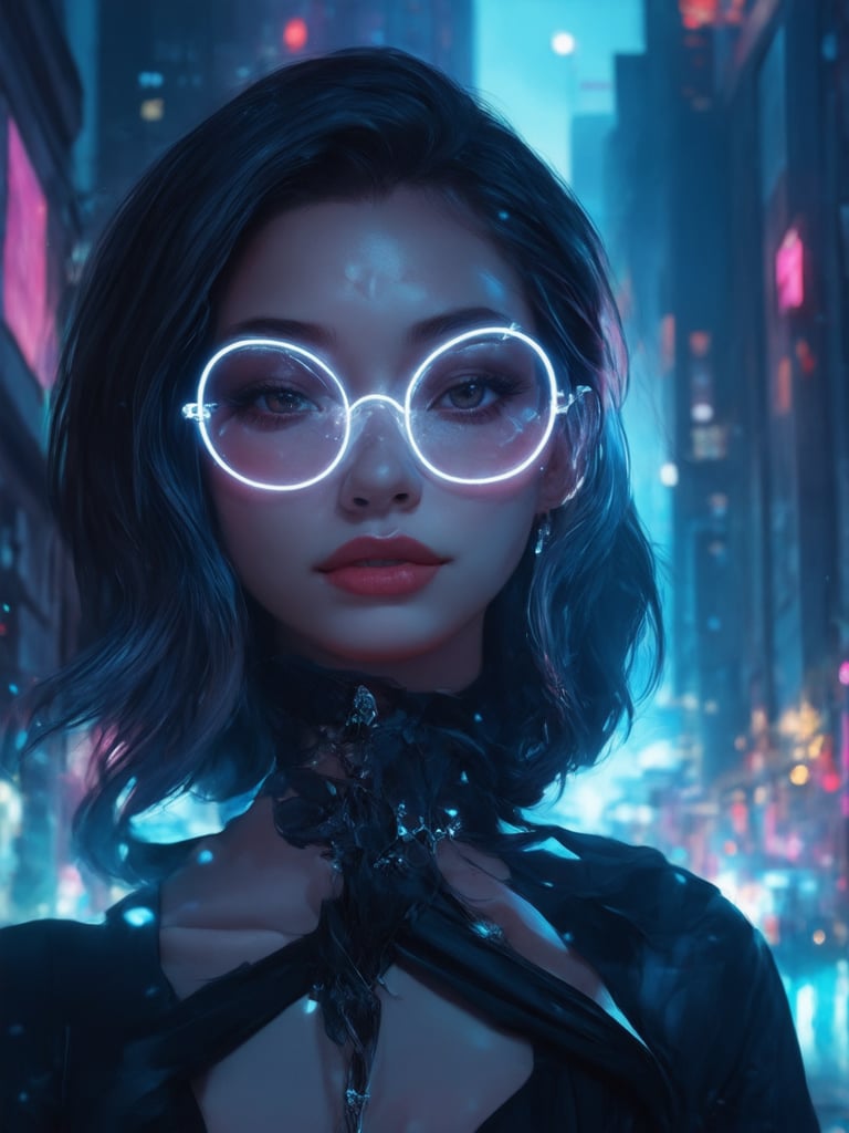 Neon-lit metropolis at dusk. A cyberpunk beauty, donning clear neon glasses, poses with elegance against a backdrop of vibrant cityscape. Intricate details of golden ratio patterns adorn her attire, radiating an aura of charm and sophistication. Smooth, sharp focus on her captivating face, with eyes that sparkle like diamonds in the soft, rim-lit light. Subsurface scattering imbues her skin with a healthy glow, while light leaks add a touch of whimsy to the atmosphere. Deep background and rich colors create a sense of depth, as if the city itself is alive and pulsing with energy. Art by [Artgerm/Loish/Wlop], a true masterpiece in UHD.