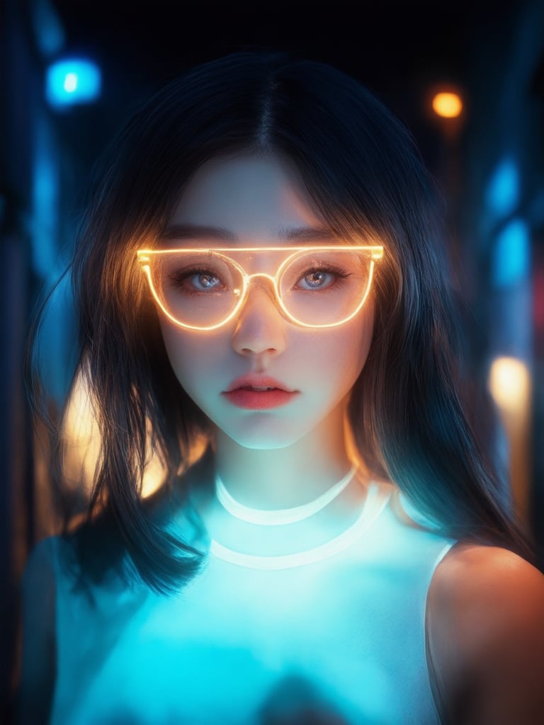 A cyberpunk girl with clear neon glasses shines like a beacon in a dark alley. Golden ratio details harmonize her features as she gazes out into the distance, set against a backdrop of vibrant complementary colors. In 32K UHD, every strand of hair and eyelash is meticulously rendered. Her eyes sparkle like diamonds, illuminated by rim light that highlights the intricate curves of her face. Soft light leaks and subsurface scattering create a sense of depth and atmosphere, drawing the viewer in. This digital masterpiece exudes warmth, upliftment, and charm.