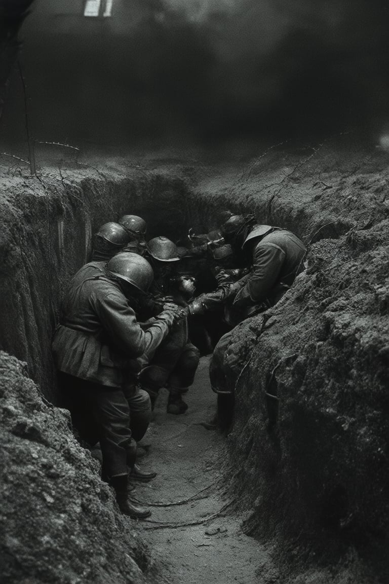 A darkened, smoke-filled trench. Soldiers huddle together, weary eyes scanning the horizon. Barbed wire and crumbling concrete surround them. A faint flicker of a rifle's muzzle flash illuminates the gloomy atmosphere as soldiers exchange nervous glances. World War I-era trenches.