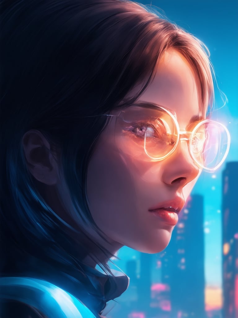 Against a deep blue cityscape, a cyberpunk girl with clear neon glasses gazes out into the distance, her golden ratio-posed features illuminated by soft, warm rim light. Subsurface scattering highlights the intricate details of her face and eyes, set against a vibrant backdrop of complementary colors. Sharp focus on her face draws attention to the decadent, highly detailed illustration, reminiscent of Artgerm's or Loish's mastery. The entire scene is bathed in beautiful lighting, with subtle light leaks adding depth and warmth to this stunning UHD masterpiece.