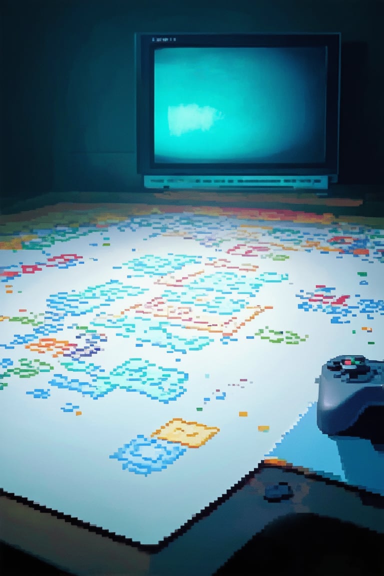 A close-up shot of a pixelated game board, lit by soft blue-green glow of a TV screen. The camera frames the center of the board, focusing on a cluster of pixels spelling out 'ALL IN' in bold, bright colors. A player's controller lies nearby, as if abandoned mid-game. The background is a darkened room with a single, flickering pixelated lamp casting an eerie ambiance.