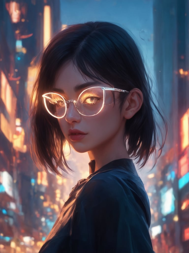 A cyberpunk girl with clear neon glasses stands amidst a futuristic cityscape at dusk. Soft, golden light wraps around her, as if filtered through a lens. Her piercing eyes, detailed face, and intricate cybernetic implants are sharply focused against the vibrant city backdrop. Rim lighting accentuates her features, while subtle light leaks and subsurface scattering add depth to the scene. The digital painting masterclass features Loish-inspired artistry, with smooth textures and a sharp focus that draws the viewer's eye.