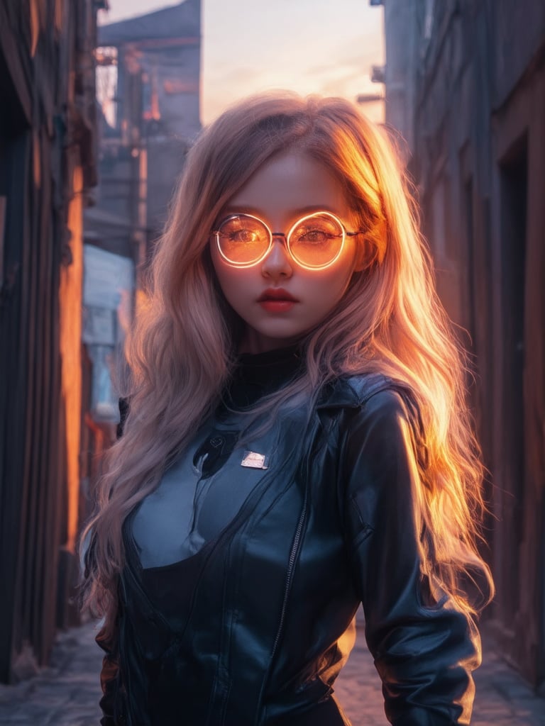 A cyberpunk girl, bathed in warm, golden light, wears clear neon glasses that seem to glow from within. Set against a vibrant, intricately detailed cityscape at sunset, her golden ratio-inspired pose exudes confidence. Her eyes, with smooth, sharp focus, sparkle like diamonds in the fading light. In the background, a deep, mysterious alleyway beckons, as she stands out like a masterpiece, with loish-like finesse and wlop's whimsical flair. The entire scene radiates charm, warmth, and upliftment, a true UHD masterpiece.