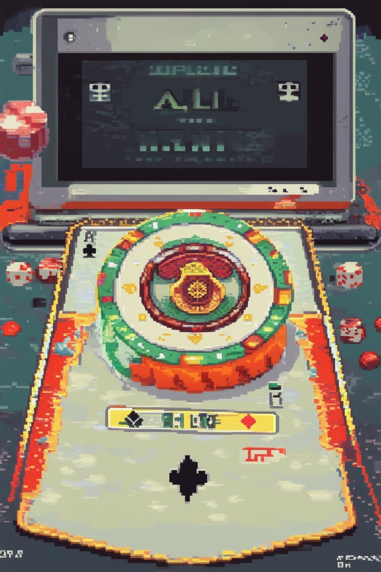 A close-up shot of a retro video game console's screen shows a pixelated digital art piece titled 'All In' as pixels zoom in and out to create a mesmerizing 3D effect. The artwork features a stylized poker chip, card suits, and dice scattered around it, with bright colors and bold lines filling the frame.