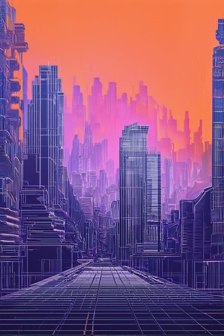 A minimalist line art illustration of a futuristic cityscape at dusk, with sleek skyscrapers and neon-lit streets set against a vibrant orange-purple sky. The composition features bold lines and geometric shapes, with high-rise buildings forming the silhouette of a robot in the foreground, surrounded by a subtle grid pattern reflecting the urban landscape.