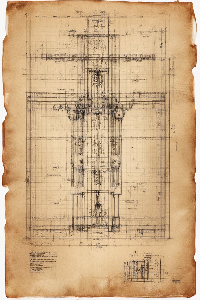 A vintage-inspired architectural blueprint sketch on a worn, yellowed paper, with intricate drawings of structural elements and precise measurements. The lines are bold and black, contrasting with the soft, beige-colored background. A faint grid pattern adds texture to the overall design. The subject is centered, with symmetrical framing, conveying a sense of balance.