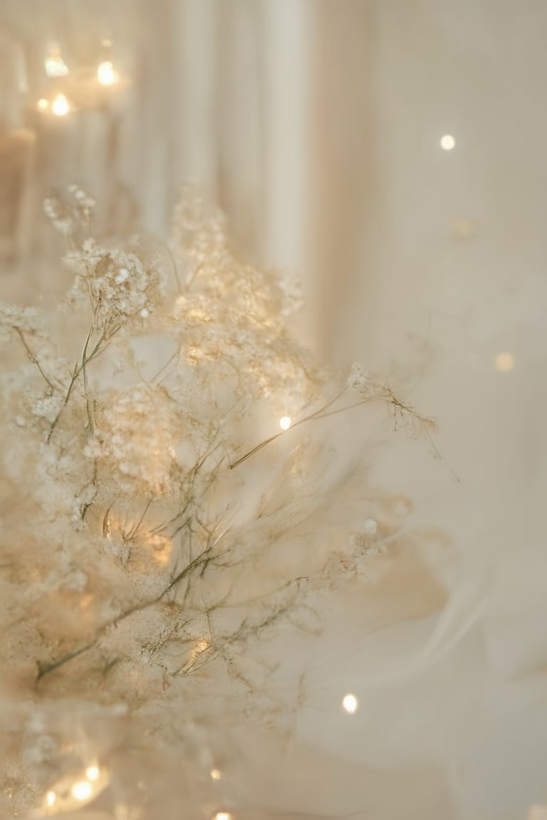 A close-up shot of a delicate flower arrangement on a soft, creamy white background, with gentle, diffused lighting casting a warm glow. The petals of the flowers are slightly curled and relaxed, as if basking in the subtle illumination. The composition is simple yet elegant, with negative space surrounding the blooms to emphasize their beauty.