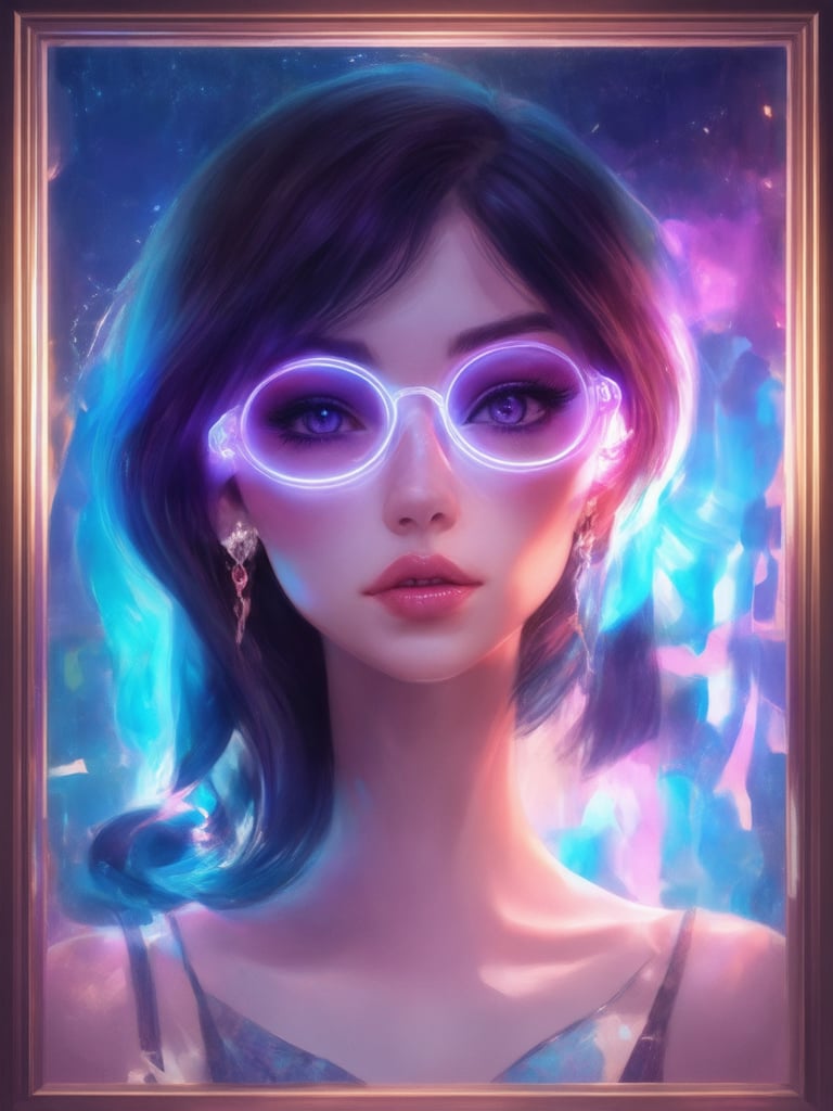 A cyberpunk beauty, donning clear neon glasses, radiates charm in a golden ratio-framed composition. In 32K UHD digital painting glory, her intricate features shine with smooth, sharp focus. Inspired by Artgerm's style, Loish's whimsy, and Wlop's precision. Lighting design: soft rim light, subsurface scattering, and subtle light leaks create an inviting atmosphere. The decadent background hums with vibrant complementary colors, drawing the viewer in. Ever After High's magical essence infuses this captivating concept art piece, a true masterpiece.