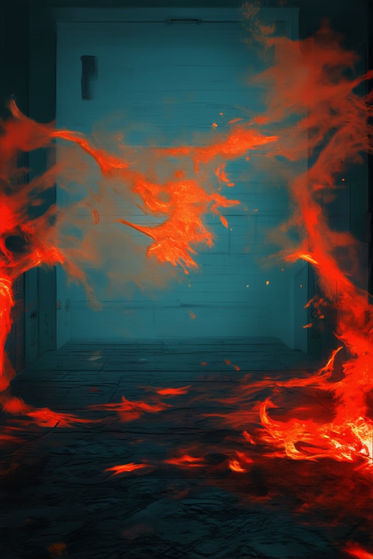 A fiery inferno erupts in a dimly lit room, with flames dancing across the walls and floor, casting a warm orange glow. A deep crimson hue dominates the scene, as if the very air itself is infused with the vibrant color of red fire.