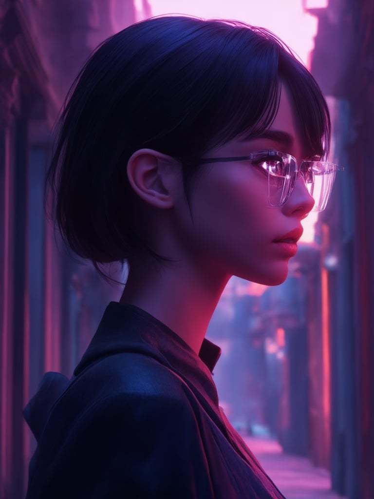 In a dystopian alleyway bathed in neon hues, a cyberpunk girl with clear glasses glows like a beacon. Framed by a golden ratio composition, she stands amidst intricate, decadent architecture. Her smooth features are sharp-focused, with detailed eyes and face that seem to radiate warmth (heartwarming). The 32K UHD rendering is a masterpiece, showcasing vibrant complementary colors and beautiful lighting/shading effects, complete with light leaks and subsurface scattering. Rim light accentuates her profile against the deep background. A true work of art, reminiscent of Loish or Artgerm's signature styles.