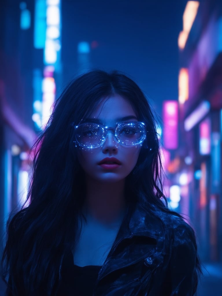 In a neon-lit alleyway, a cyberpunk girl stands out amidst the darkness. She wears clear glasses with glowing neon accents, her eyes shining like stars in the night sky. Golden ratio details dance across her face, intricate and decadent, as if she's a masterpiece come to life. Her long hair flows like silk in the subtle breeze, catching the rim light of the city's towering skyscrapers. The camera captures every detail with sharp focus, from the smooth curves of her cheeks to the detailed eyes that sparkle like diamonds. In the background, a deep, vibrant cityscape unfolds, filled with complementary colors that pop against the darkened alleway. Light leaks and subsurface scattering create an otherworldly glow, as if the very fabric of reality is bending to reveal this cyberpunk beauty.