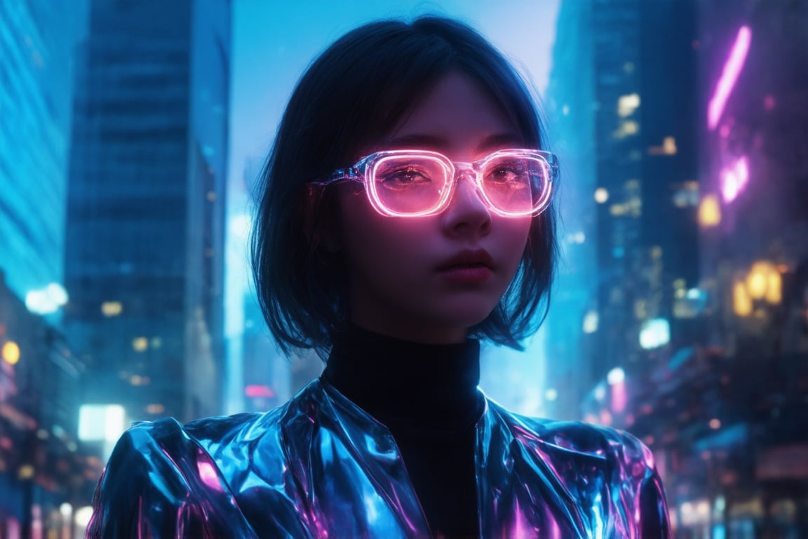 In a cyberpunk cityscape, a captivating young woman wears clear neon glasses that glow with an ethereal intensity. Framed against a backdrop of sleek skyscrapers, her golden ratio proportions are showcased in stunning 32K UHD detail. Her intricate, decadent attire shines like polished chrome, as she gazes out into the distance with charming, heartwarming eyes. The lighting is sublime, with light leaks and subsurface scattering creating a masterclass in rim lighting and shading. Deep background details blend seamlessly with vibrant complementary colors, all held together by sharp focus that invites the viewer to step into this ever-after high fantasy world.