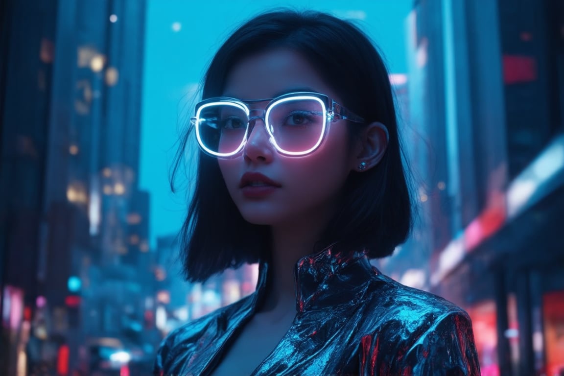 In a cyberpunk cityscape, a captivating young woman wears clear neon glasses that glow with an ethereal intensity. Framed against a backdrop of sleek skyscrapers, her golden ratio proportions are showcased in stunning 32K UHD detail. Her intricate, decadent attire shines like polished chrome, as she gazes out into the distance with charming, heartwarming eyes. The lighting is sublime, with light leaks and subsurface scattering creating a masterclass in rim lighting and shading. Deep background details blend seamlessly with vibrant complementary colors, all held together by sharp focus that invites the viewer to step into this ever-after high fantasy world.