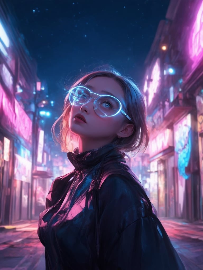 In a cyberpunk cityscape at dusk, a striking girl with clear neon glasses gazes upwards, her golden ratio-precise features illuminated by subtle light leaks. Against a deep, starry night sky, she stands amidst vibrant graffiti and neon-lit architecture. Her intricate, decadent attire shimmers with subsurface scattering, while rim light accentuates the contours of her face. The digital painting is a masterpiece, featuring detailed eyes and a highly polished finish, as if rendered in 32k UHD. With sharp focus and a heartwarming charm, this cyberpunk fantasy illustration is reminiscent of art by Artgerm, Loish, or WLOP.