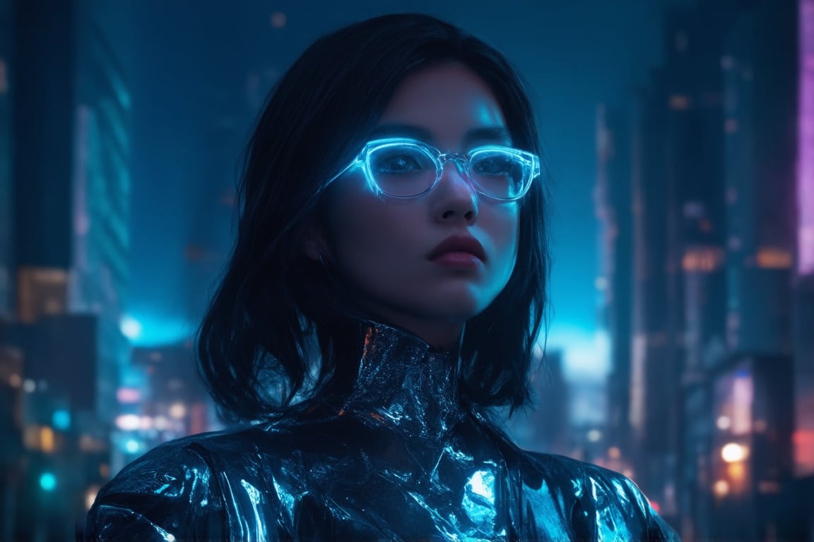 In a cyberpunk cityscape, a captivating young woman wears clear neon glasses that glow with an ethereal intensity. Framed against a backdrop of sleek skyscrapers, her golden ratio proportions are showcased in stunning 32K UHD detail. Her intricate, decadent attire shines like polished chrome, as she gazes out into the distance with charming, heartwarming eyes. The lighting is sublime, with light leaks and subsurface scattering creating a masterclass in rim lighting and shading. Deep background details blend seamlessly with vibrant complementary colors, all held together by sharp focus that invites the viewer to step into this ever-after high fantasy world.