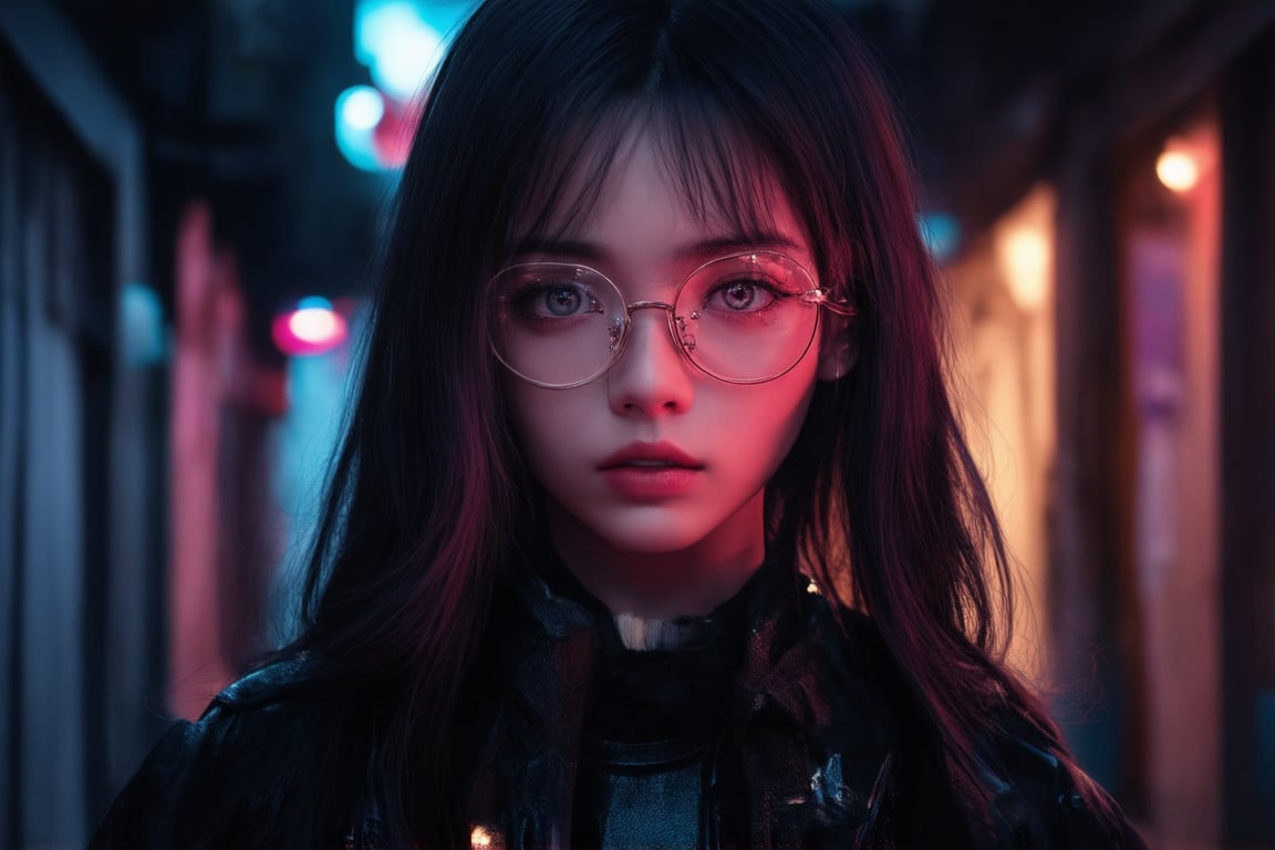 In a dimly lit, neon-lit alleyway, a cyberpunk girl with clear glasses and piercing eyes stares directly into the camera. Golden ratio details adorn her outfit, as if infused with an otherworldly essence. In 32k UHD, every strand of hair, every curve of her face, is meticulously rendered in smooth, sharp focus. Against a deep, vibrant background, she radiates an aura of charm and whimsy, her features illuminated by subtle light leaks and subsurface scattering. Her eyes, pools of detailed wonder, seem to hold secrets and mysteries waiting to be unlocked.