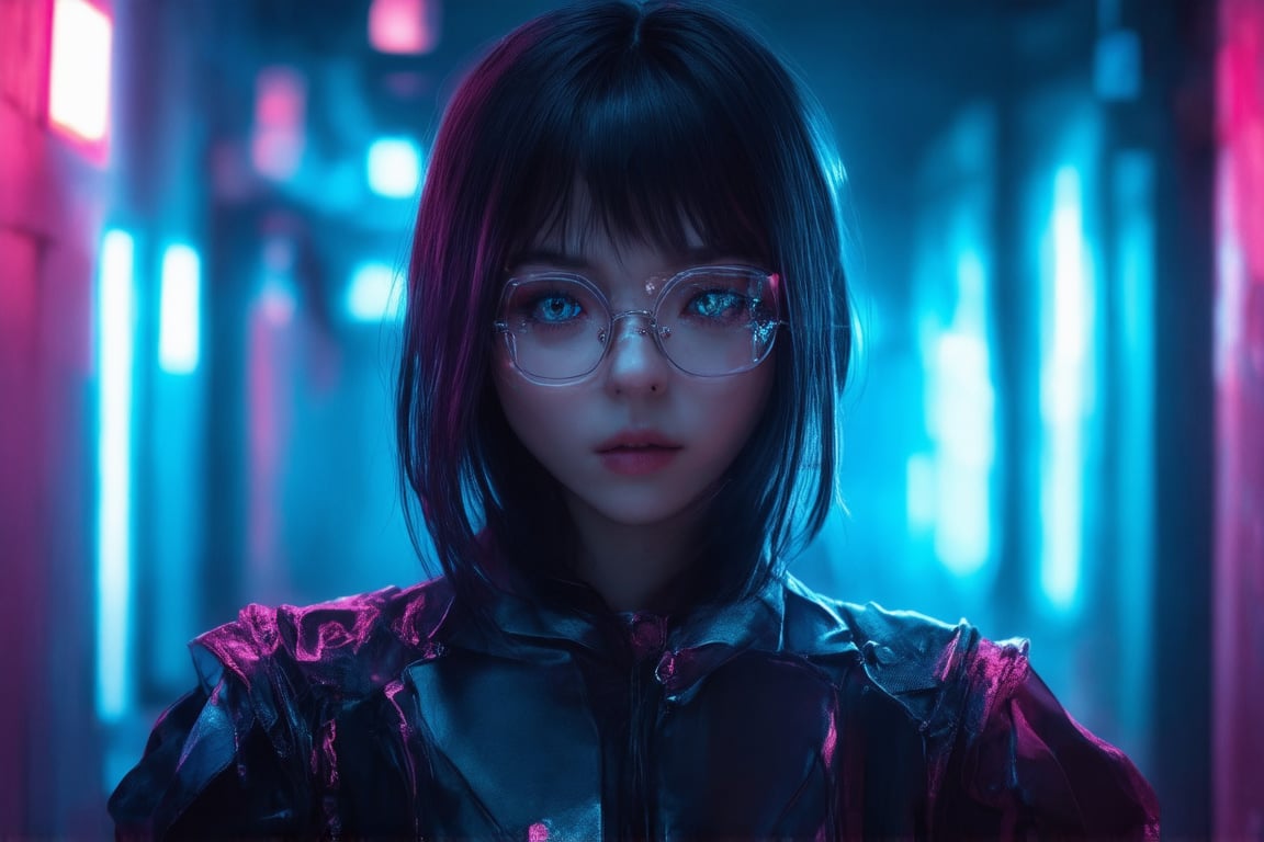 In a dimly lit, neon-lit alleyway, a cyberpunk girl with clear glasses and piercing eyes stares directly into the camera. Golden ratio details adorn her outfit, as if infused with an otherworldly essence. In 32k UHD, every strand of hair, every curve of her face, is meticulously rendered in smooth, sharp focus. Against a deep, vibrant background, she radiates an aura of charm and whimsy, her features illuminated by subtle light leaks and subsurface scattering. Her eyes, pools of detailed wonder, seem to hold secrets and mysteries waiting to be unlocked.