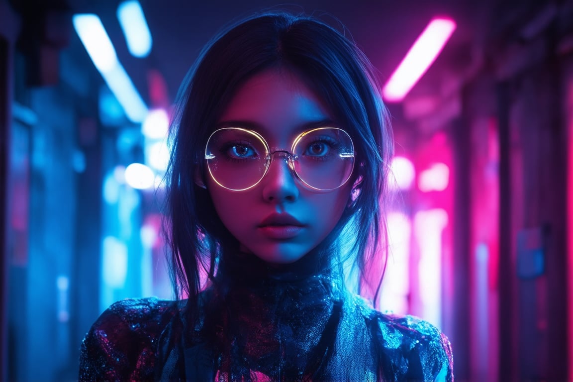 In a dimly lit, neon-lit alleyway, a cyberpunk girl with clear glasses and piercing eyes stares directly into the camera. Golden ratio details adorn her outfit, as if infused with an otherworldly essence. In 32k UHD, every strand of hair, every curve of her face, is meticulously rendered in smooth, sharp focus. Against a deep, vibrant background, she radiates an aura of charm and whimsy, her features illuminated by subtle light leaks and subsurface scattering. Her eyes, pools of detailed wonder, seem to hold secrets and mysteries waiting to be unlocked.