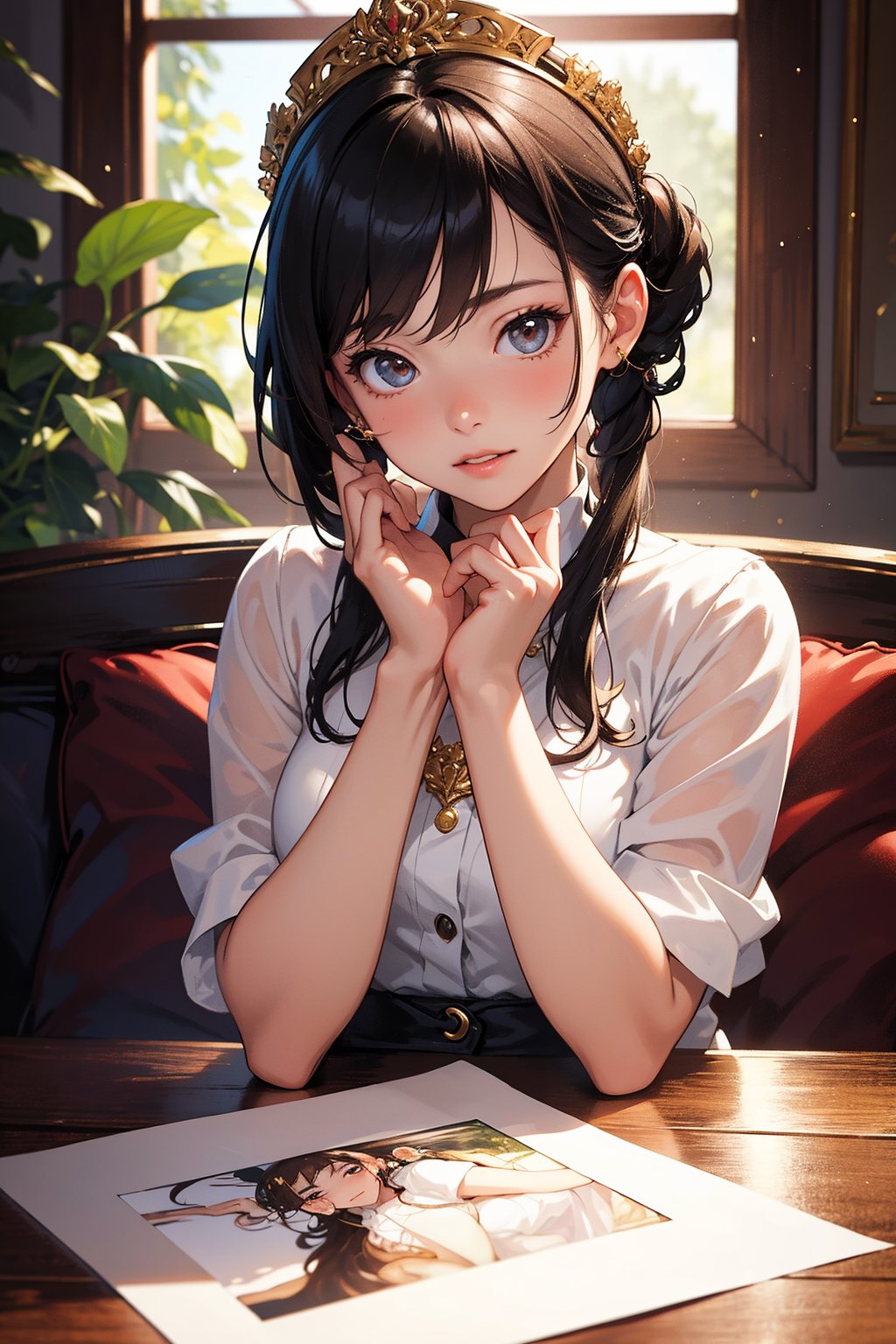 A surreal masterpiece of a young girl posing in an intimate, golden-lit setting. Her delicate features and intricate details are rendered in exquisite detail, as she forms the 'V' shape with her hands in a playful yet enigmatic gesture. The camera captures this whimsical moment up close, showcasing the subject's endearing innocence.