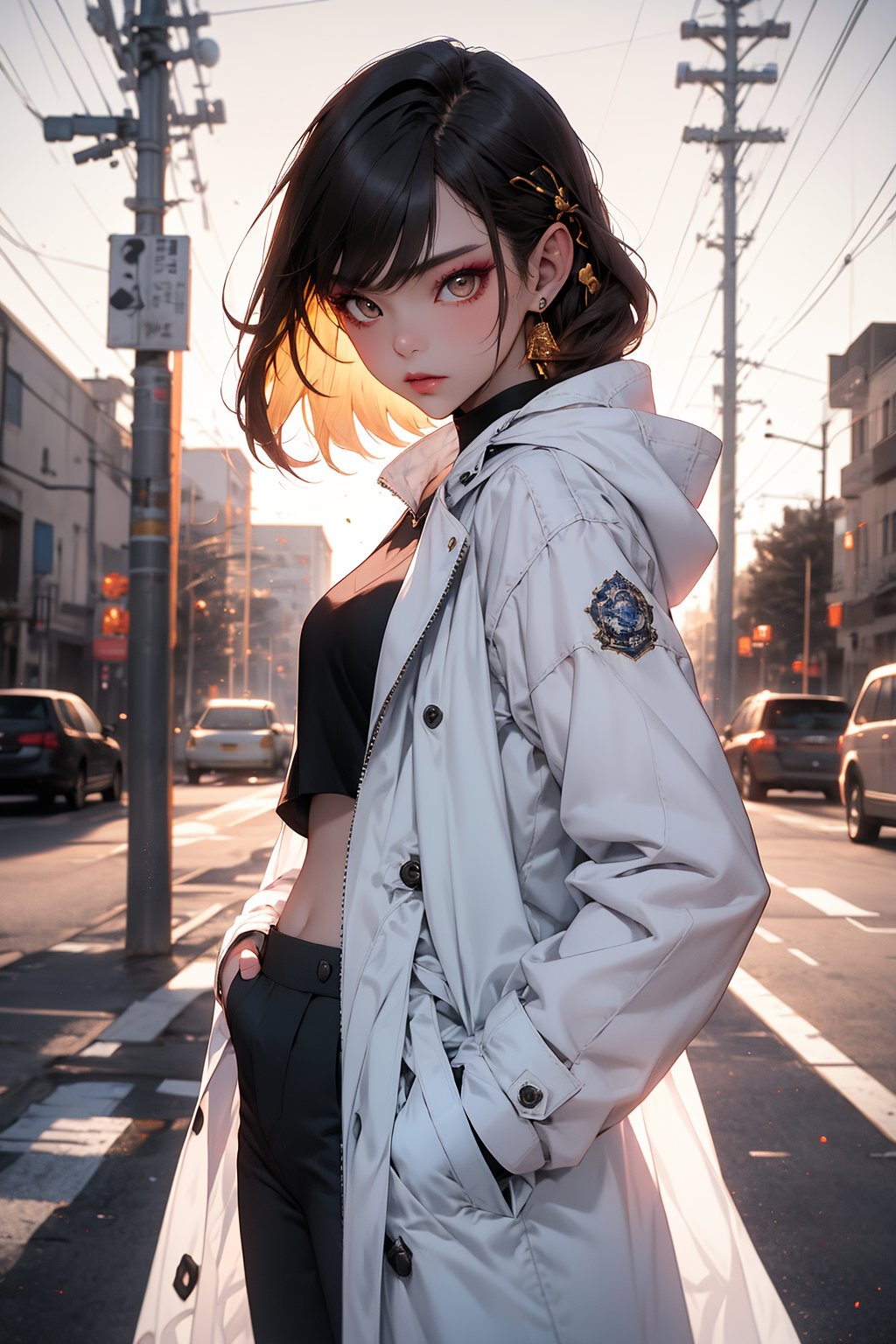 A stunning Korean K-pop beauty poses against the vibrant backdrop of a setting sun. She wears loose-fitting white baggy pants from Basic Coats and QT93's Hooded Student Coat, paired with a cropped top featuring Japanese classic art designs. Her honey brown hair falls in straight bangs, framing her heart-shaped face. A Panasonic retro headset adorns her head, adding to the eclectic style. Her hands rest in her pockets as she gazes off into the distance, exuding confidence and charm. The golden light of the sunset casts a warm glow on her features, accentuating her stunning makeup and fashion hairstyle. The scene is captured with high-contrast cinematic lighting, showcasing exquisite detail and hyper-realism reminiscent of analog photography.