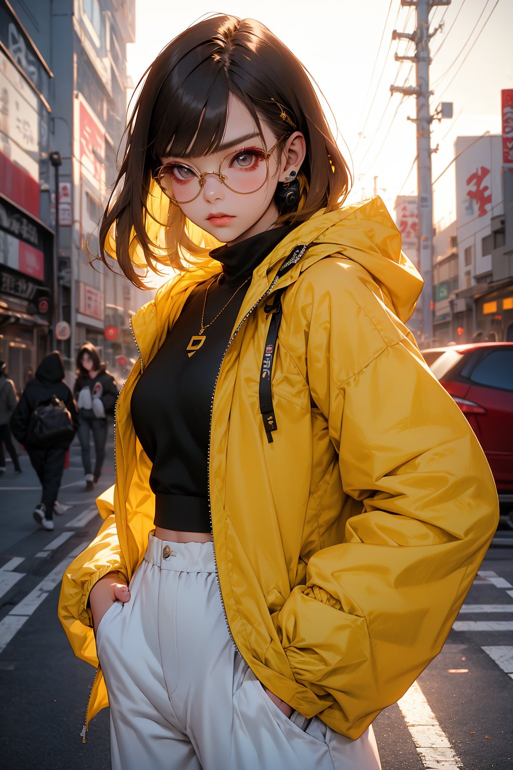 Golden hour in Harajuku: A stunning Korean K-pop beauty poses solo, surrounded by the vibrant street art of Tokyo. She sports a trendy outfit - loose white baggy pants and a QT93 hooded windbreaker jacket from Basic Coats. Her short, layered honey brown hair with straight bangs frames her angelic face, adorned with stylish makeup. She wears a white cropped top with a bold design, paired with Japanese classic art-inspired headphones. Her hands are casually tucked in her pockets as she gazes out at the breathtaking sunset. The camera captures her in a dreamy, photo-realistic haze, reminiscent of Lomography's iconic 66mm film.