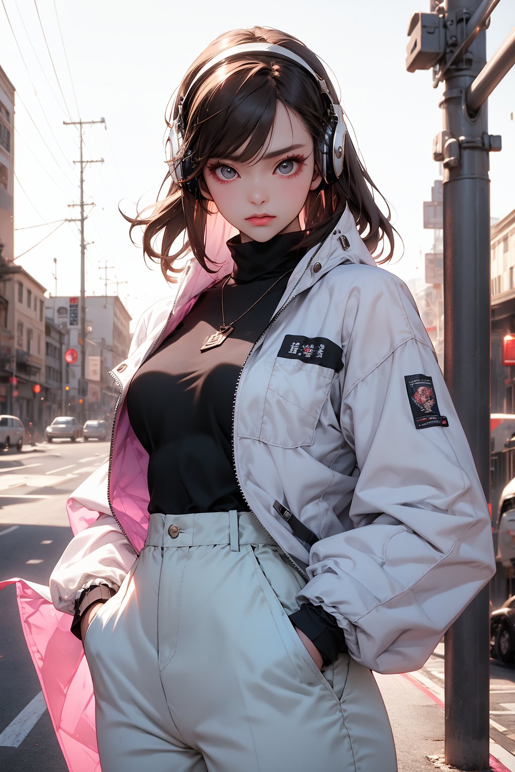 A radiant Korean K-pop beauty poses against the warm glow of a setting sun, clad in loose-fitting white baggy pants and a oversized QT93 windbreaker jacket. Her honey brown hair falls straight below her bangs, framing her heart-shaped face. A white cropped top with vintage-inspired design adds a touch of 90s flair. She cradles Panasonic retro headphones in her hands, pockets filled with ease, as she gazes off-camera with a dreamy expression. Exquisite detail and hyper-realistic lighting evoke the nostalgia of Lomography's faded film aesthetic.