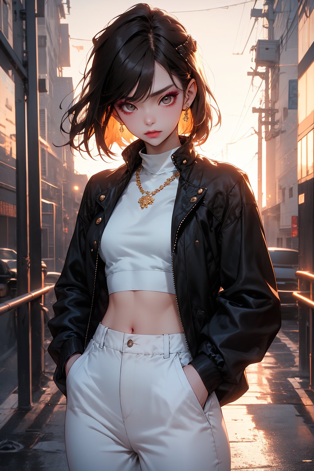 A stunning Korean K-pop beauty poses against the vibrant backdrop of a setting sun. She wears baggy white pants and a loose-fitting QT93 jacket, paired with a cropped top featuring Japanese classic art designs. Her honey brown hair falls in straight bangs framing her face, with a fashion hairstyle and stylish makeup. A Panasonic retro headset adorns her head, as she casually places her hands in her pockets. The scene is bathed in the warm golden light of the sunset, captured on 66mm film for an analog photography effect, showcasing exquisite detail and high contrast.