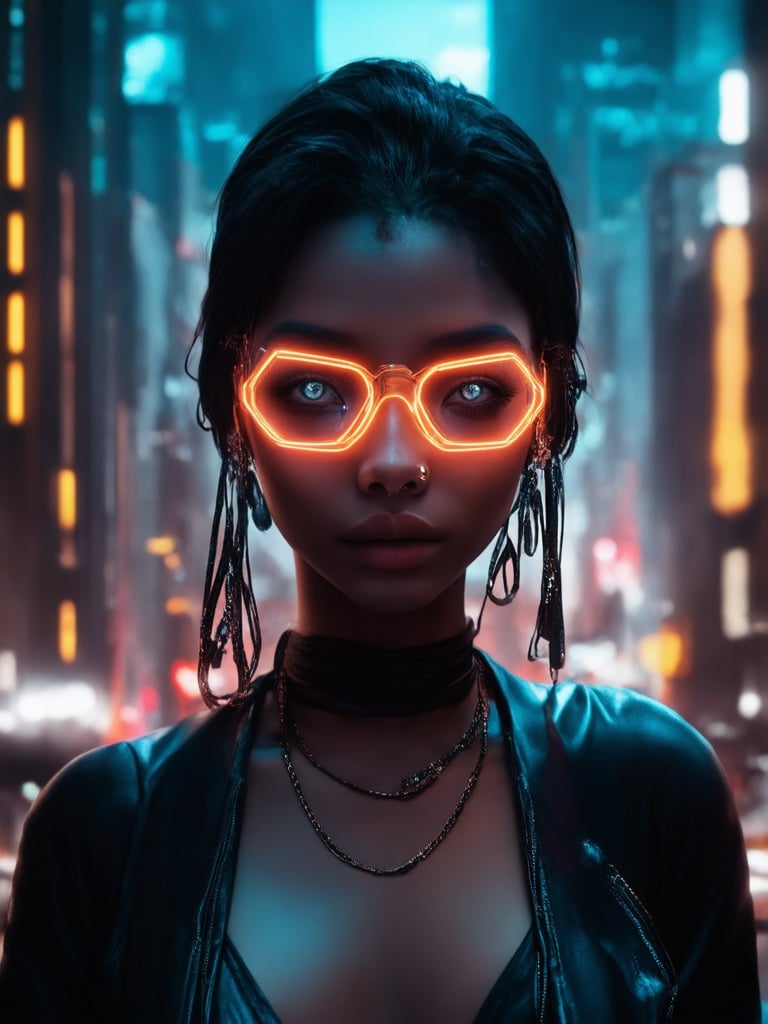 A cyberpunk beauty donning clear neon glasses, her piercing gaze shining like a beacon in the dark. Amidst a futuristic metropolis, she stands out with intricate golden ratio details and decadent accessories, bathed in warm light that casts a subtle glow on her smooth features. The camera captures her with sharp focus, her eyes sparkling like diamonds against a vibrant cityscape backdrop, where light leaks and subsurface scattering create an otherworldly ambiance. Rim lighting accentuates the curves of her face, while deep shadows add depth to this digital masterpiece.