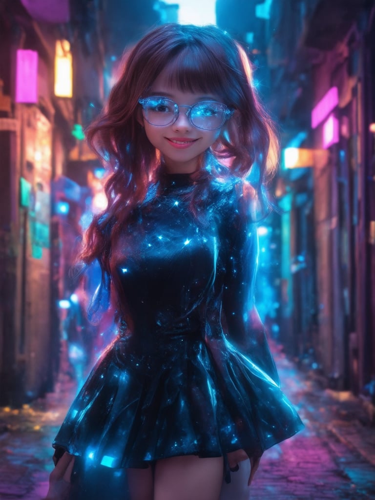 In a neon-lit cyberpunk alleyway, a captivating girl stands out amidst the high-tech chaos. She dons clear glasses with glowing blue accents, her eyes sparkling like stars. The golden ratio guides the composition as she poses confidently, her decadent attire shimmering in 32K UHD resolution. Fantasy elements dance around her, intricately detailed and highly textured. Ever After High's whimsy meets Octane Render's photorealism in a digital masterpiece that rivals art by Artgerm and Loish. (Smooth focus highlights her charming smile, while sharp detail accentuates her captivating eyes.) Against a deep, vibrant background, light leaks and subsurface scattering create a warm ambiance, punctuated by rim lighting that casts a heroic glow.