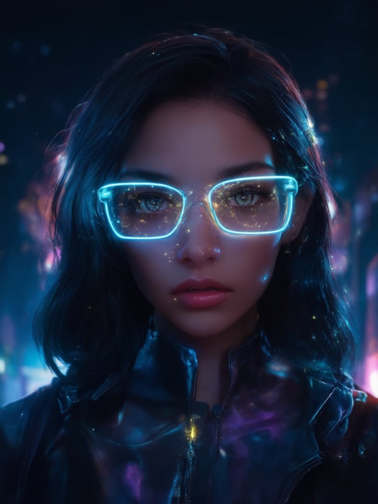 A cyberpunk beauty dons clear neon glasses, her gaze piercing through the dark cityscape. In a world of intricate, decadent details, she stands out with golden ratio proportions, her face a masterpiece of smooth, sharp focus. Softly lit by light leaks and subsurface scattering, her eyes sparkle like stars in the night sky. The background glows with vibrant complementary colors, while the rim light accentuates her features. In this UHD fantasy world, she radiates heartwarming charm, inviting the viewer to enter her ever-after high realm.