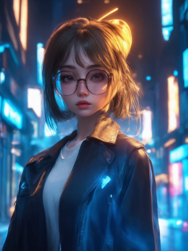 In a neon-drenched cyberpunk cityscape, a captivating girl with clear glasses and an intricate hairstyle stands out against the futuristic backdrop. Golden ratio details adorn her attire, while the surrounding environment glows with a warm, rim-lit ambiance. UHD quality shines through in every aspect, from the smooth skin to the sharp focus on her eyes. The artwork exudes a sense of heartwarming charm, as if plucked straight from an Artgerm or Loish piece. Octane Render brings the scene to life with subsurface scattering and light leaks, creating a truly breathtaking masterpiece that deserves its place on Artstation.