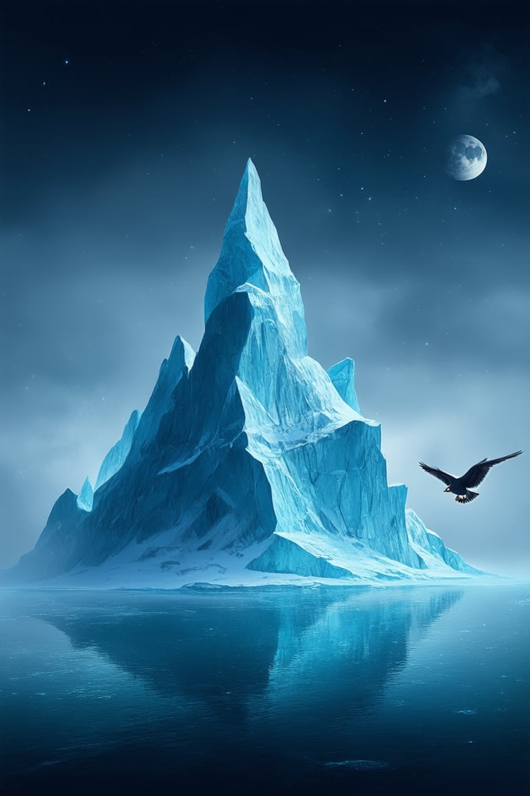 A majestic iceberg rises from a mystical fog-shrouded sea, its crystalline peaks glistening like shards of frozen moonlight. The misty veil swirls around the iceberg's base, as if trying to conceal its ancient secrets. In the foreground, a lone seagull soars, its snowy feathers blending with the ethereal atmosphere. Framed by a crescent moon and star-studded sky, this otherworldly scene whispers tales of forgotten realms and mythical creatures.