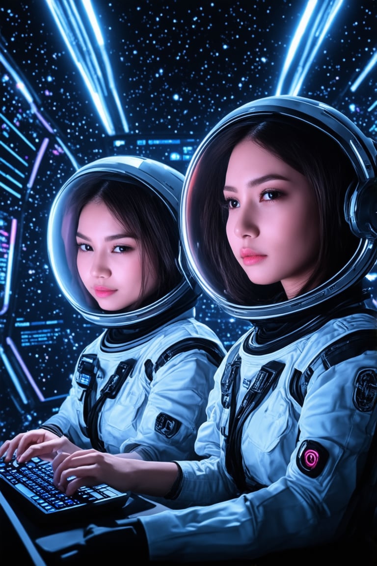 Close-up shot of two space-suited women in a futuristic spaceship control room, their helmets removed, revealing sleek hairstyles and bold makeup. Soft pink lighting casts a warm glow on their faces as they sit side by side, surrounded by holographic screens and sleek consoles. The background is a vast starfield, with planets and galaxies swirling in shades of blue and purple. One girl gazes intently at a data pad, her brow furrowed in concentration, while the other looks directly at the camera with a confident smile.