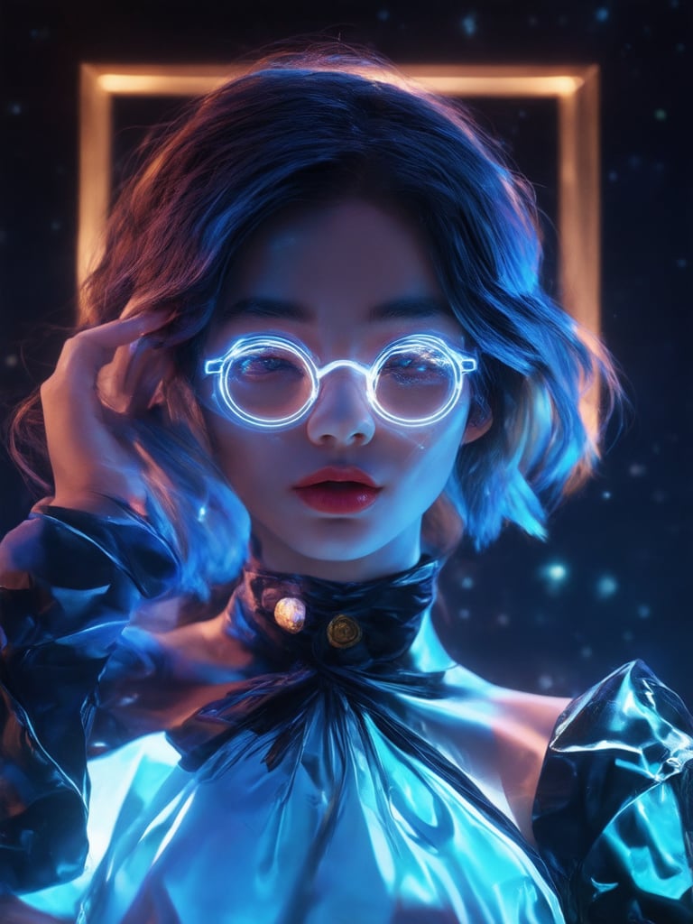 A cyberpunk beauty donning clear neon glasses poses against a vibrant, golden-ratio framed backdrop. Her intricate, decadent attire shimmers with subtle light leaks and rim lights, set against a deep, starry night sky. Sharp focus emphasizes her captivating eyes, detailed face, and ever-after-high-inspired hairstyle. The scene is bathed in a warm, heartwarming glow, with beautiful shading and subsurface scattering creating an uplifting masterpiece.