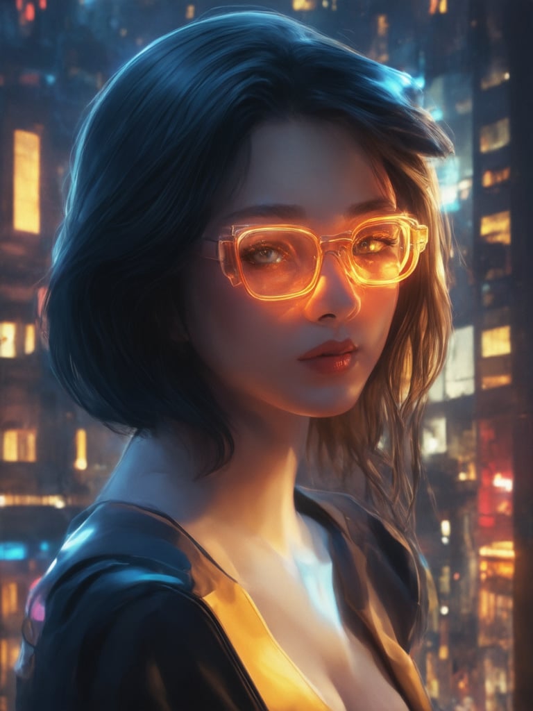 In a dystopian metropolis, a cyberpunk girl with clear neon glasses gleams like a beacon. Framed by an intricate cityscape, her golden-ratio features shine beneath a 32K UHD glow. Amidst the fantasy and decadence, she's bathed in smooth, sharp focus lighting with subtle light leaks and rim lighting, showcasing detailed eyes and face. The background hums with vibrant complementary colors, a masterpiece of octane render art by Artgerm or Loish.