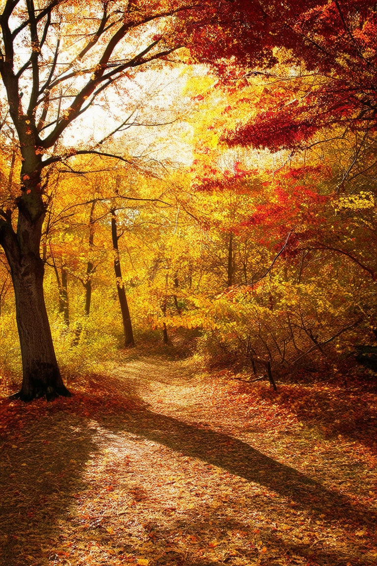 A golden-hued autumn landscape with leaves rustling in the gentle breeze: a warm sunlight filters through the canopy of vibrant oranges, yellows, and reds, casting long shadows across the forest floor. A lone tree stands tall, its branches heavy with crimson foliage, while a meandering path winds its way through the underbrush.