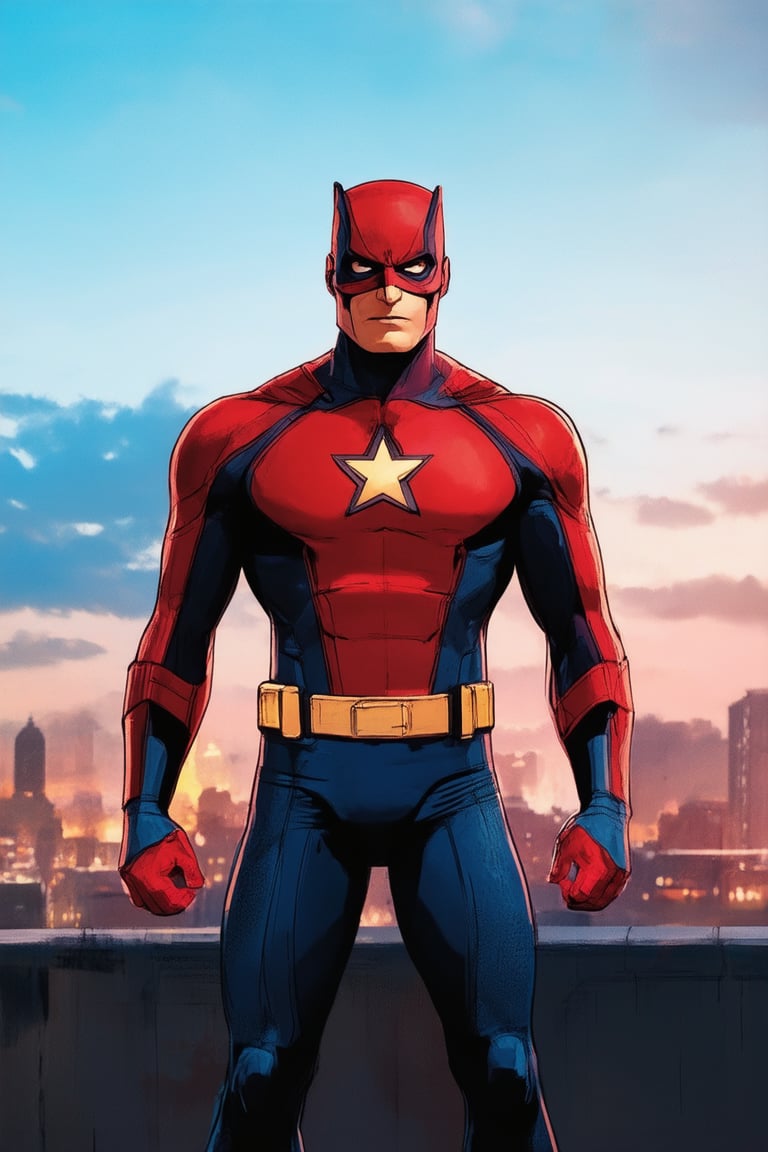 A vibrant, cinematic portrait of a superhero from the Marvel universe, lit by a bright, bold color palette and set against a cityscape at dusk. The subject, clad in their iconic suit, stands heroically on a rooftop, with a dramatic pose that showcases their strength and confidence.