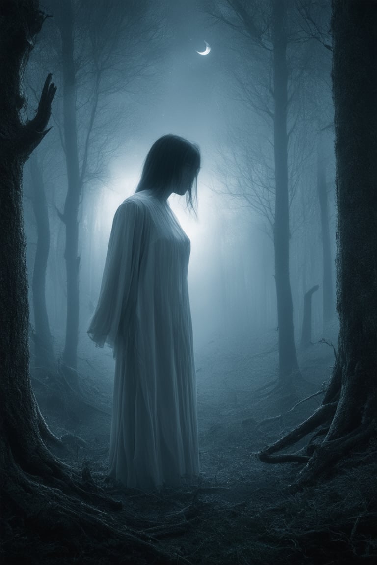 A mysterious scene unfolds: a silhouette stands in a dense, dark forest, shrouded by tall trees with gnarled branches stretching towards the moon. The air is heavy with mist, casting an eerie glow on the subject's features, illuminated only by a faint, silver crescent above. The darkness is almost palpable, as if it could swallow all but the subject's delicate, porcelain skin.