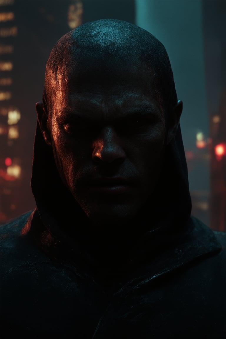 A close-up shot of a mysterious figure, shrouded in darkness, with only a faint light illuminating their piercing eyes and chiseled features. The subject's rugged complexion and brooding expression convey a sense of danger and intensity. Set against a dimly lit cityscape at dusk, the hero's imposing figure is framed by towering skyscrapers, with neon lights reflecting off their dark attire like a beacon of hope in the shadows.